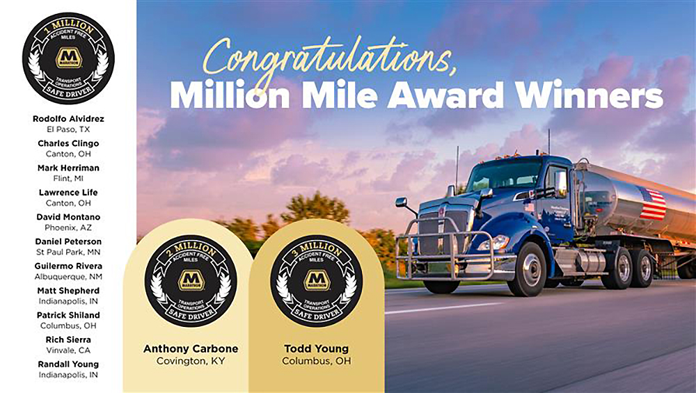 Graphic reads Congratulations Million Mile Award Winners and lists the names of the winners with an image of a truck.  Graphic reads Congratulations Million Mile Award Winners and lists the names of the winners with an image of a truck.